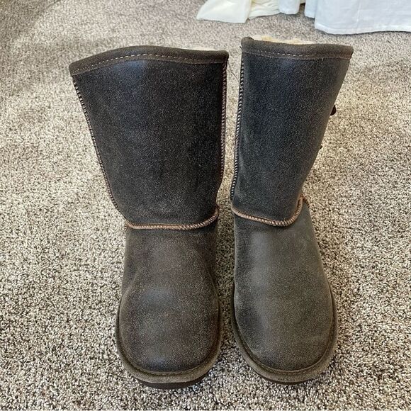 BearPaw Boshie Chestnut Distressed Leather Knit Combo Booties Women’s size 9 - Picture 3 of 8